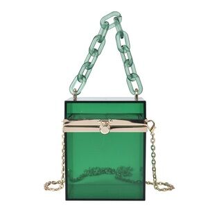 Clear Transparent Acrylic Box Purse Handbag Shoulder Bag Snap Closure Green Gold